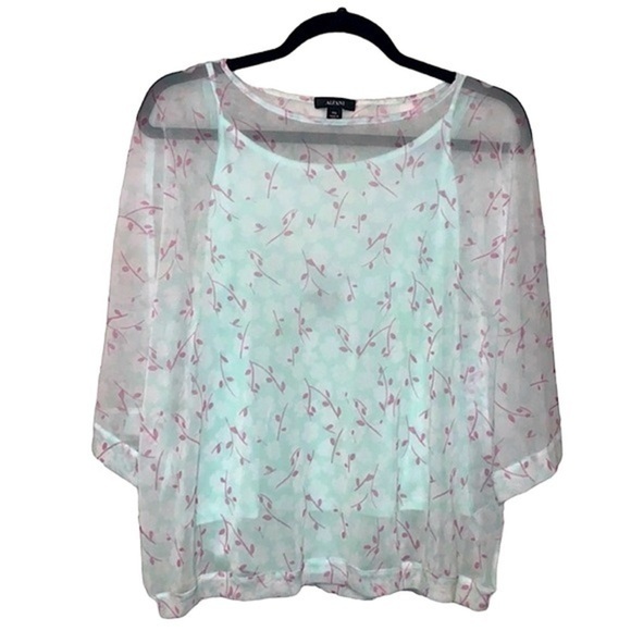 ALFANI Mint Green Floral Blouse Size XL Petite Sheer Short Sleeve Top Over Cami - Picture 1 of 10